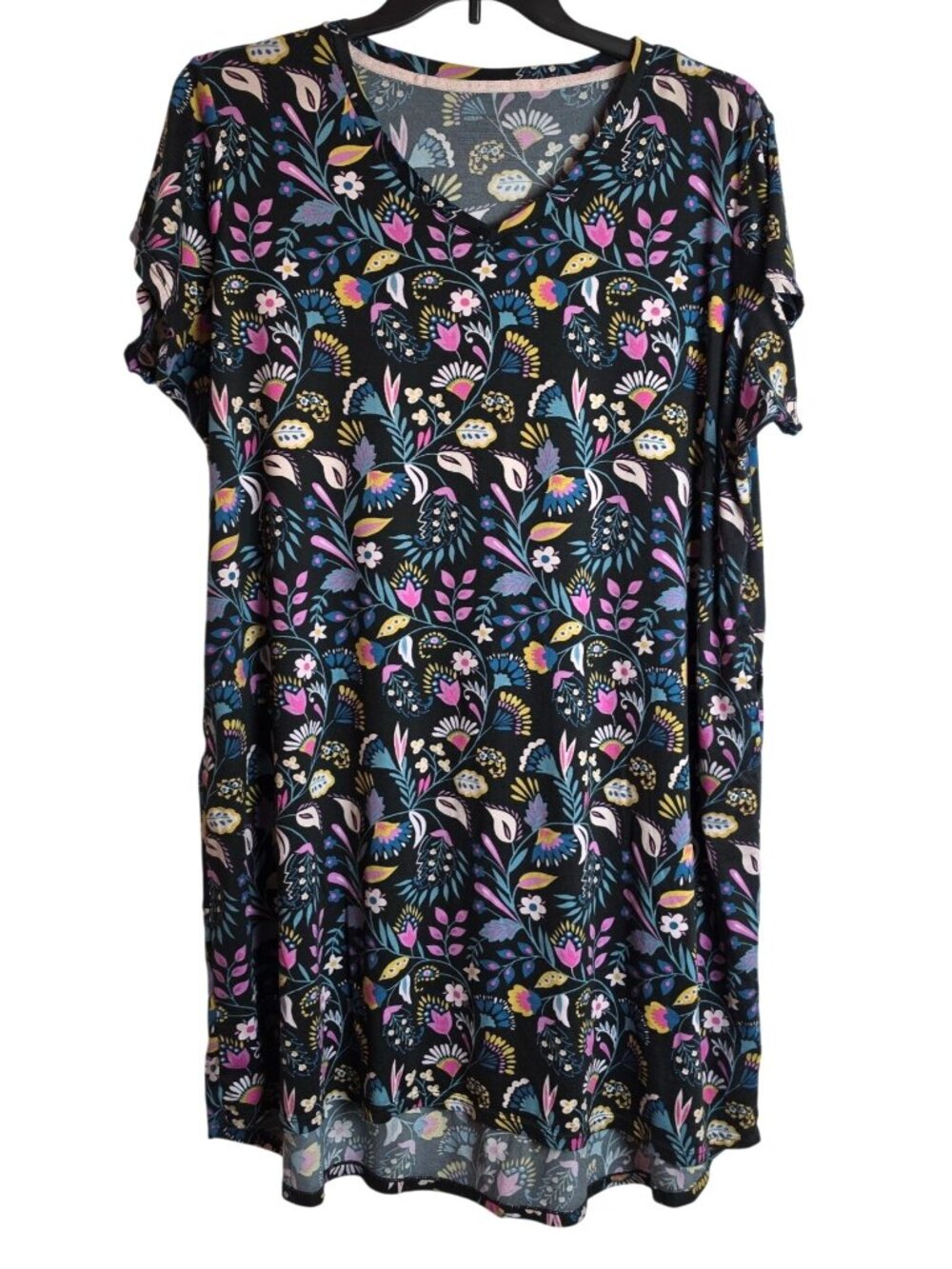 Joyspun Botanical Floral Sleepshirt Women 1X Black Short Sleeve Pockets